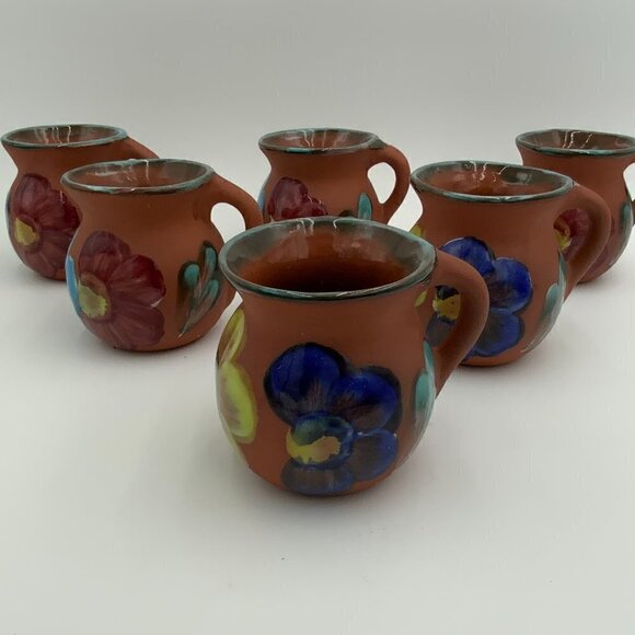 Set of 6 Mexican Clay Pottery Coffee Cup Chocolate Mug Hand Painted Flowers EUC - Picture 5 of 16